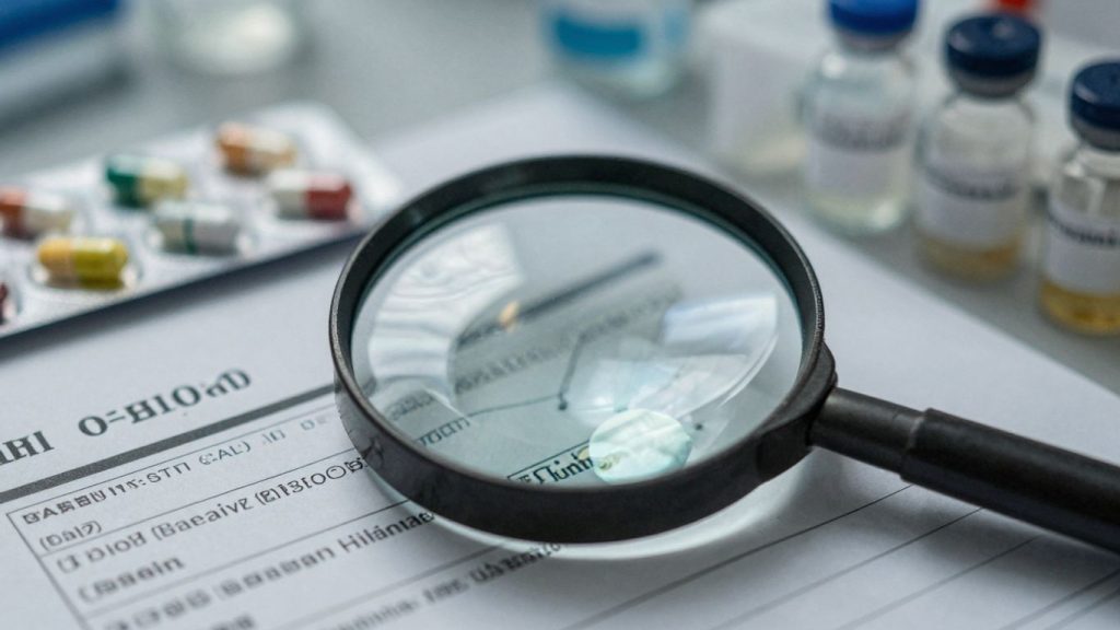 Pharma-Übersetzung: Dokument, Lupe, Medikamente, Labor